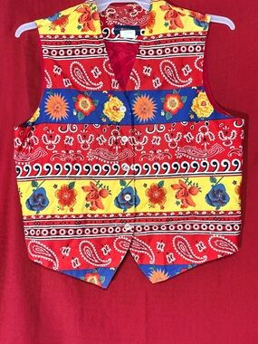 Ladies Breeches Bandana Quilt Print Vest - Red, Yellow & Blue